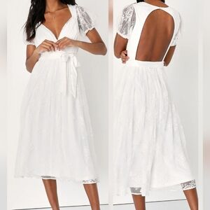 Lulus Romantic Prose White Lace Puff Sleeve Backless Midi Skater Dress, Small